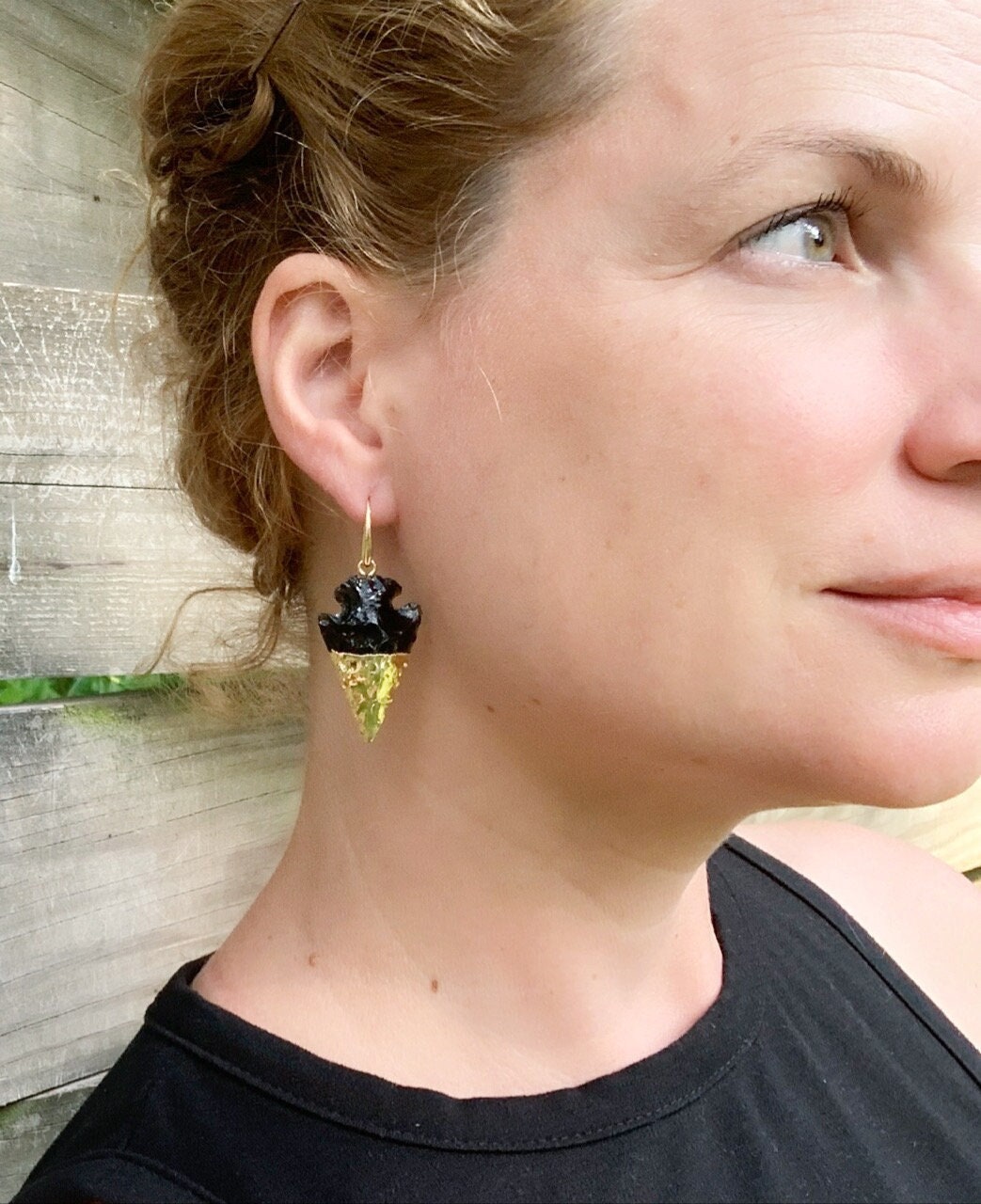 Gold Dipped Black Obsidian Arrowhead Gold Earrings | Black Stone Geometric Gold Earrings | Gold Boho Earrings | Gifts For Her