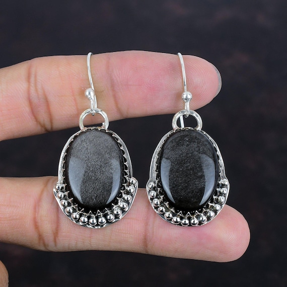 Handmade Silver Sheen Obsidian Earrings: 925 Sterling Silver Dangle Jewelry Handmade Silver Sheen Obsidian Earrings: 925 Sterling Silver Dangle Jewelry