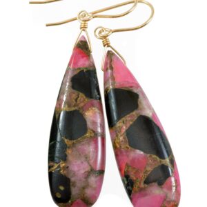 Pink Copper Obsidian Earrings Smooth Mosaic Teardrop  Drop Sterling Silver or 14k Solid Gold or Filled Earrings Hot Pink Unique Long 2.2 In