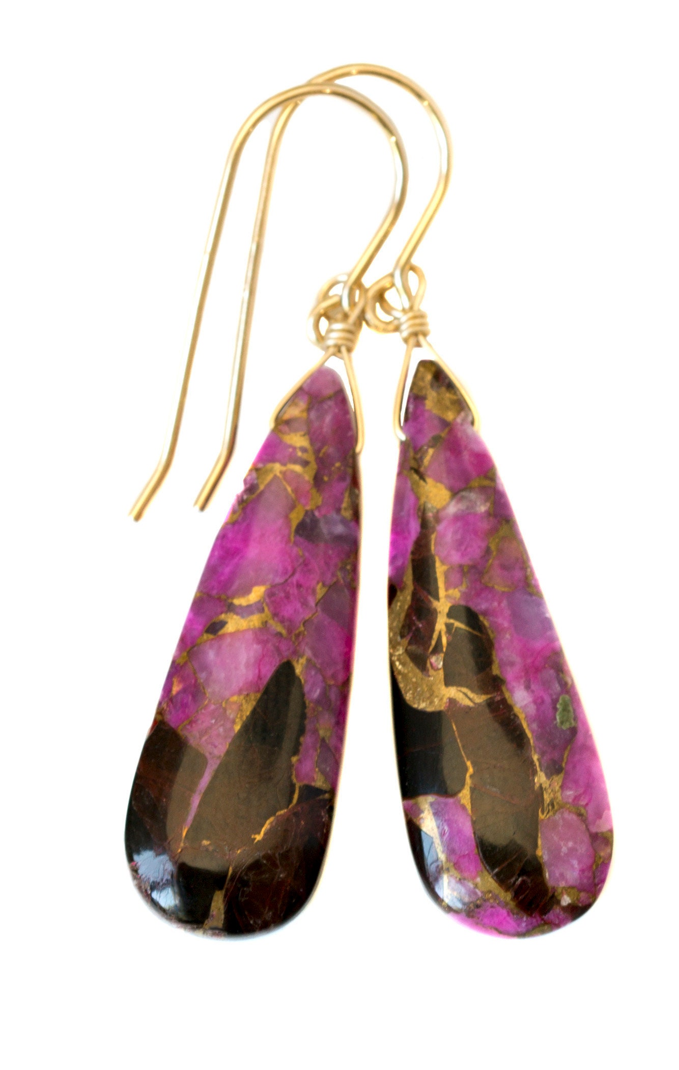 Pink Copper Obsidian Earrings Smooth Mosaic Teardrop Drop Sterling Silver Or 14k Solid Gold Or Filled Earrings Hot Pink Unique Contemporary