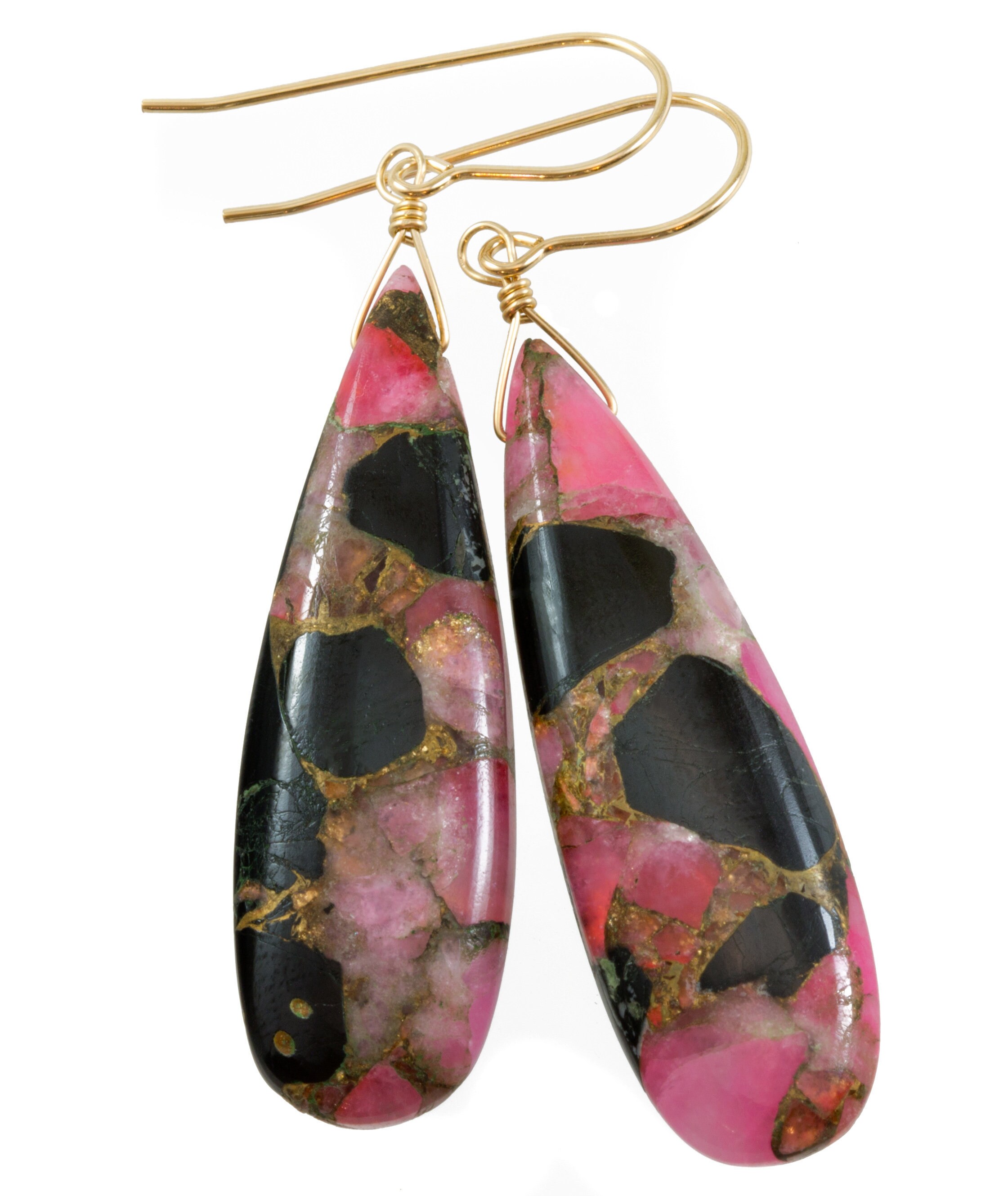 Pink Copper Obsidian Earrings Smooth Mosaic Teardrop Drop Sterling Silver Or 14k Solid Gold Or Filled Earrings Hot Pink Unique Long 2.2 In