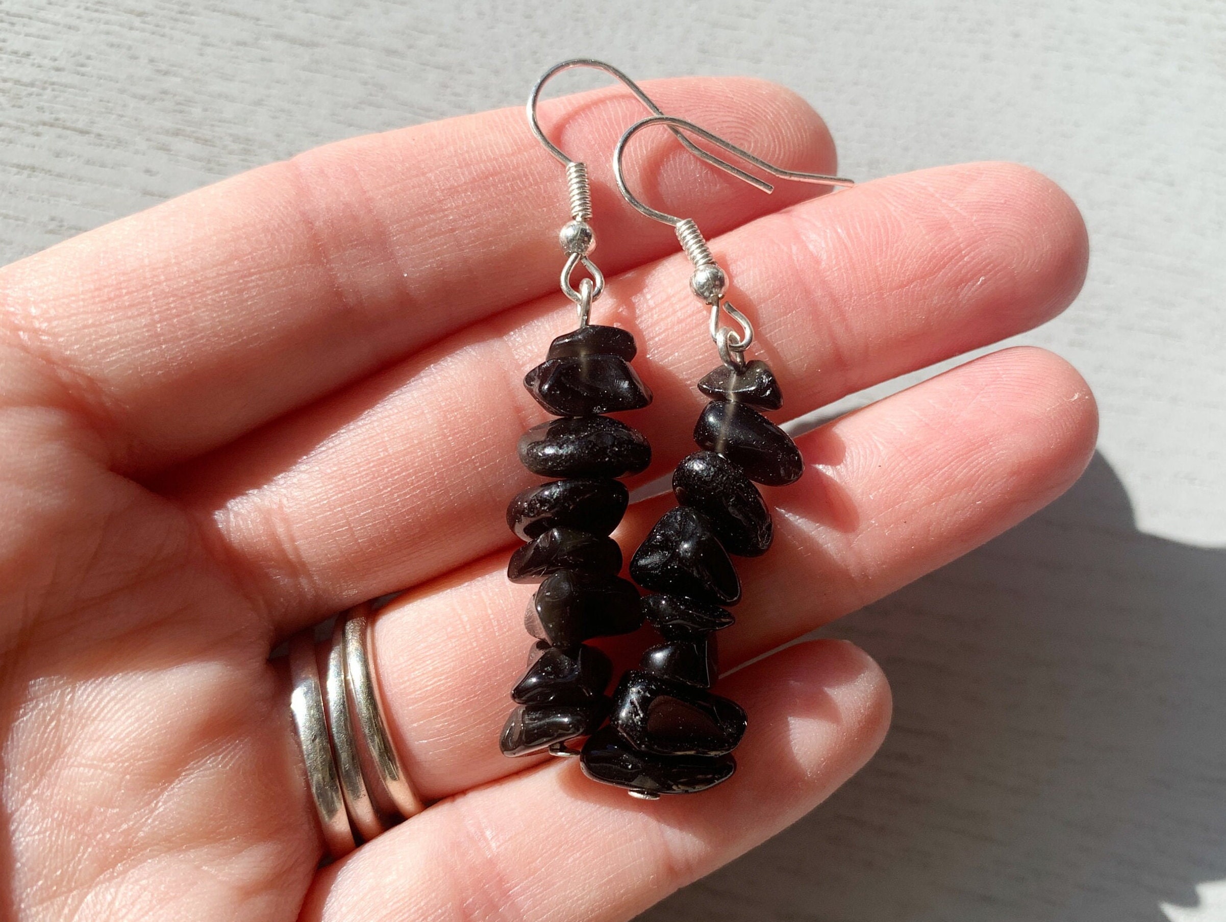 Raw Black Obsidian Dangle Earrings: Sterling Silver, Rose Gold, Or Gold