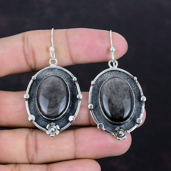 Silver Sheen Obsidian 925 Sterling Silver Earrings - Handmade Vintage Style