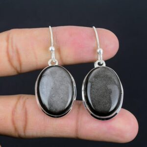 Silver Sheen Obsidian Drop Earrings: 925 Sterling Silver, Handmade