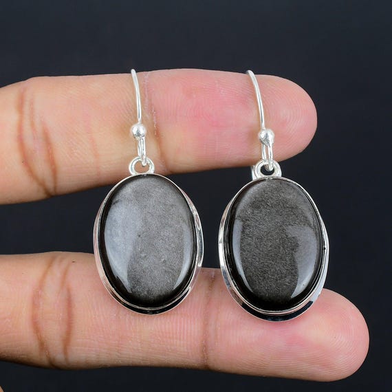 Silver Sheen Obsidian Drop Earrings: 925 Sterling Silver, Handmade