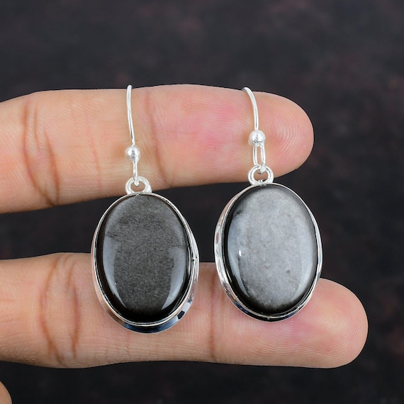 Silver Sheen Obsidian Earrings: Handmade 925 Sterling Silver Dangle Jewelry