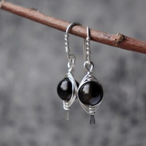 Wire Wrapped Black Obsidian Sterling Silver Earrings: Handmade Dangle Jewelry