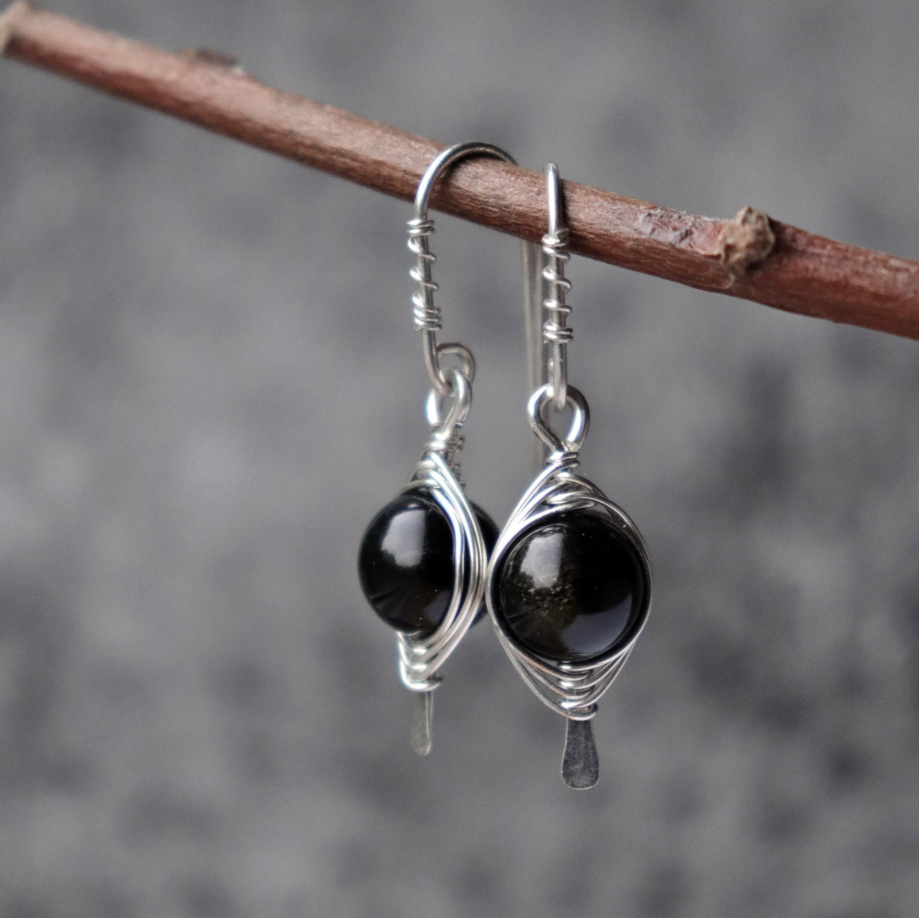 Wire Wrapped Black Obsidian Sterling Silver Earrings: Handmade Dangle Jewelry