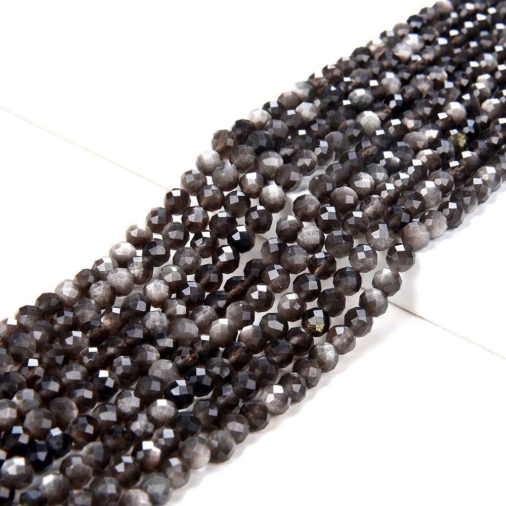 4mm Natural Silver Obsidian Gemstone Grade Aaa Micro Faceted Round Beads 15.5 Inch Full Strand (80009434-p47)