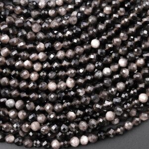 Aaa Micro Faceted Natural Silver Obsidian 2mm 3mm 4mm Round Beads 15.5" Strand