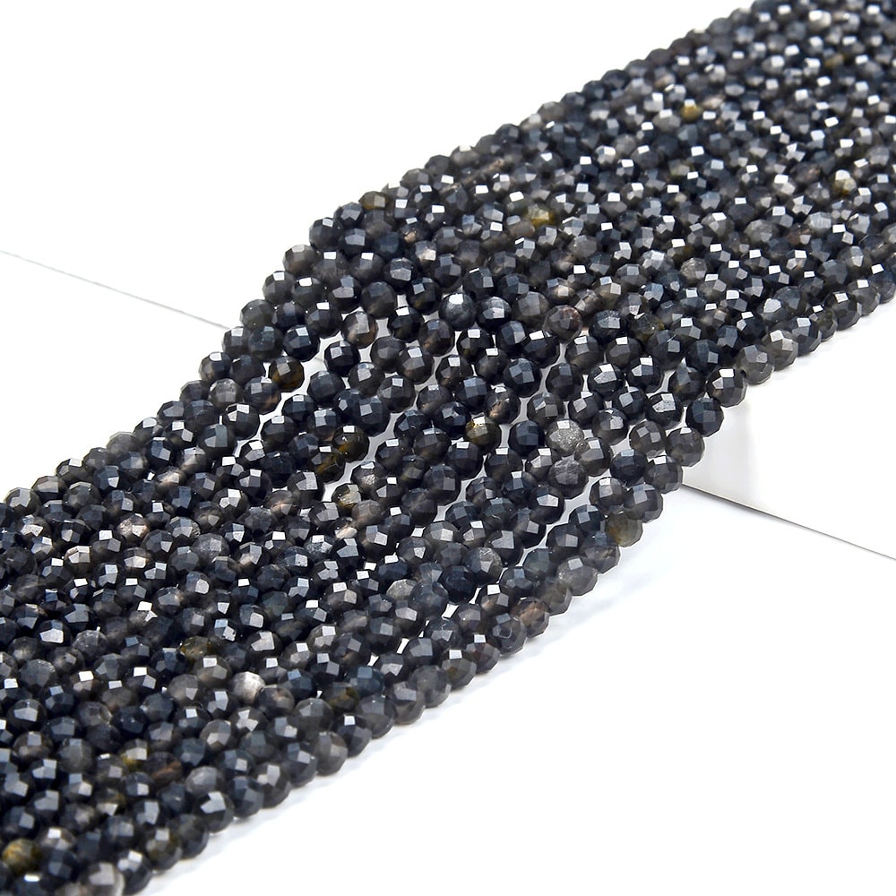 Silver Obsidian Gemstone Natural Grade Aa Micro Faceted Round 3mm Beads 15 Inch Full Strand (80018439-p101)