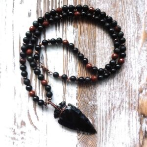 Arrowhead necklace for men, long Yoga Mala 108 bead necklace, Obsidian Arrowhead necklace, protection crystal necklace, gift for him, dad
