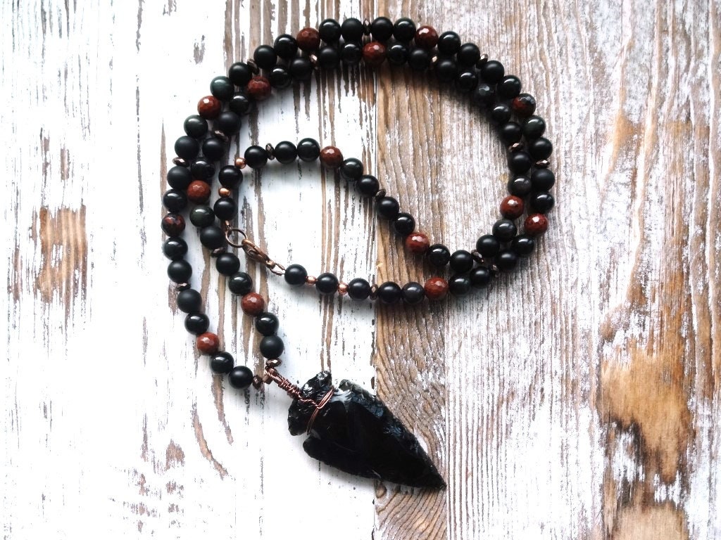 Obsidian Arrowhead Necklace For Men, Long Yoga Mala 108 Bead Necklace, Protection Crystal Jewelry