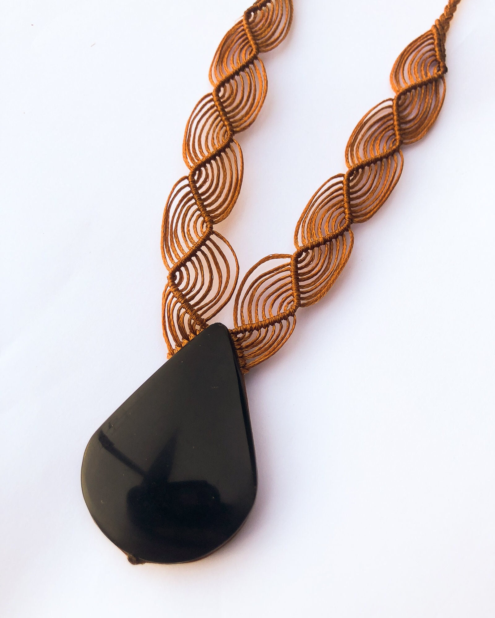 Black Obsidian Brown Macrame Necklace, Natural Mexican Black Obsidian, Unisex Macrame Necklace, Teardrop Shape Obsidian, Boho, Special Gift