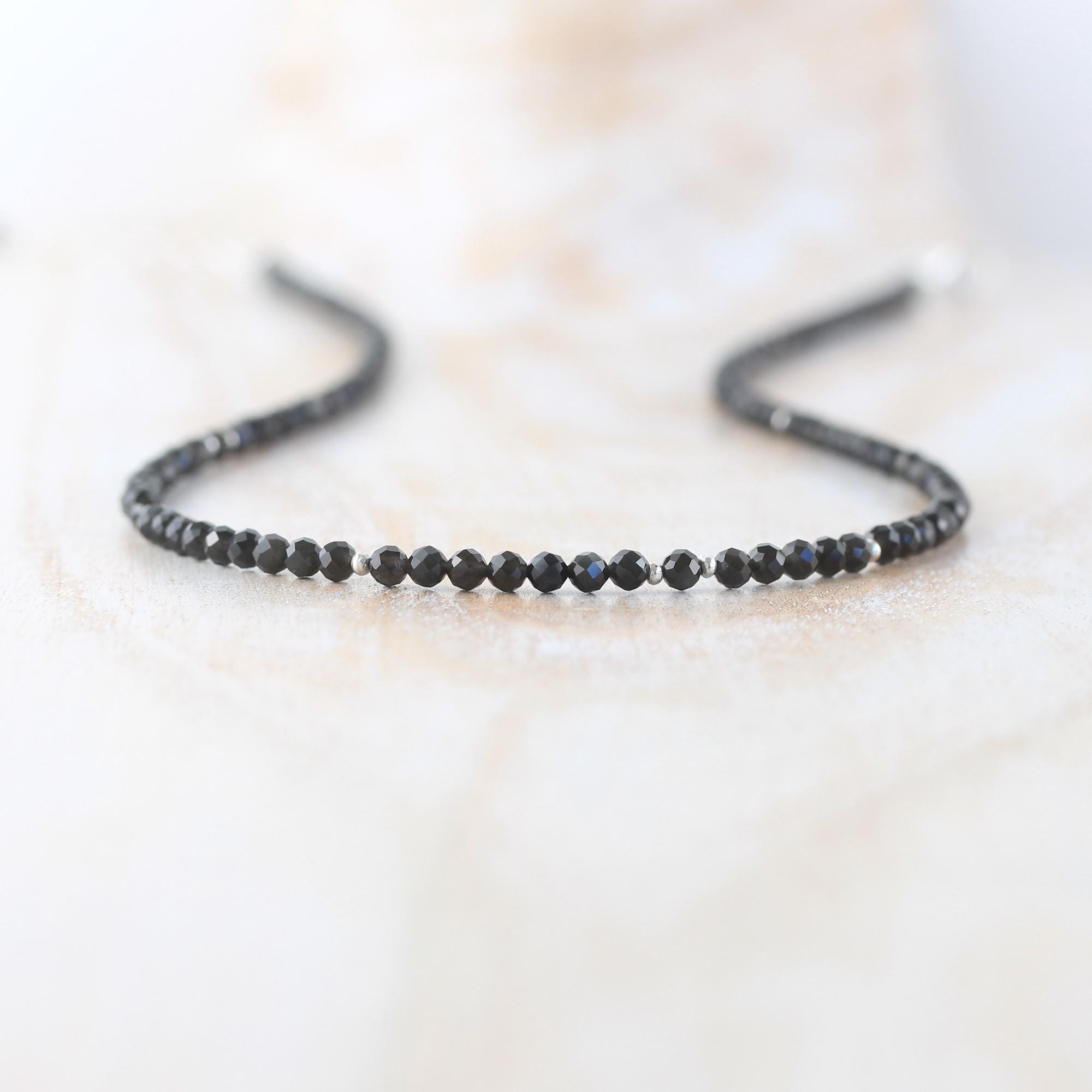 Black Obsidian Necklace In Sterling Silver, Gold Or Rose Gold Filled With 3mm Faceted Beads, Dainty Gemstone Choker, Long Layering Necklace Black Obsidian Necklace In Sterling Silver, Gold Or Rose Gold Filled With 3mm Faceted Beads, Dainty Gemstone Choker, Long Layering Necklace