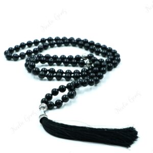 Black Obsidian Mala Necklace 108 Beads Hand Knotted, Protection Tassel Necklace, Negative Energy Shield, Yoga Meditation Prayer Beads