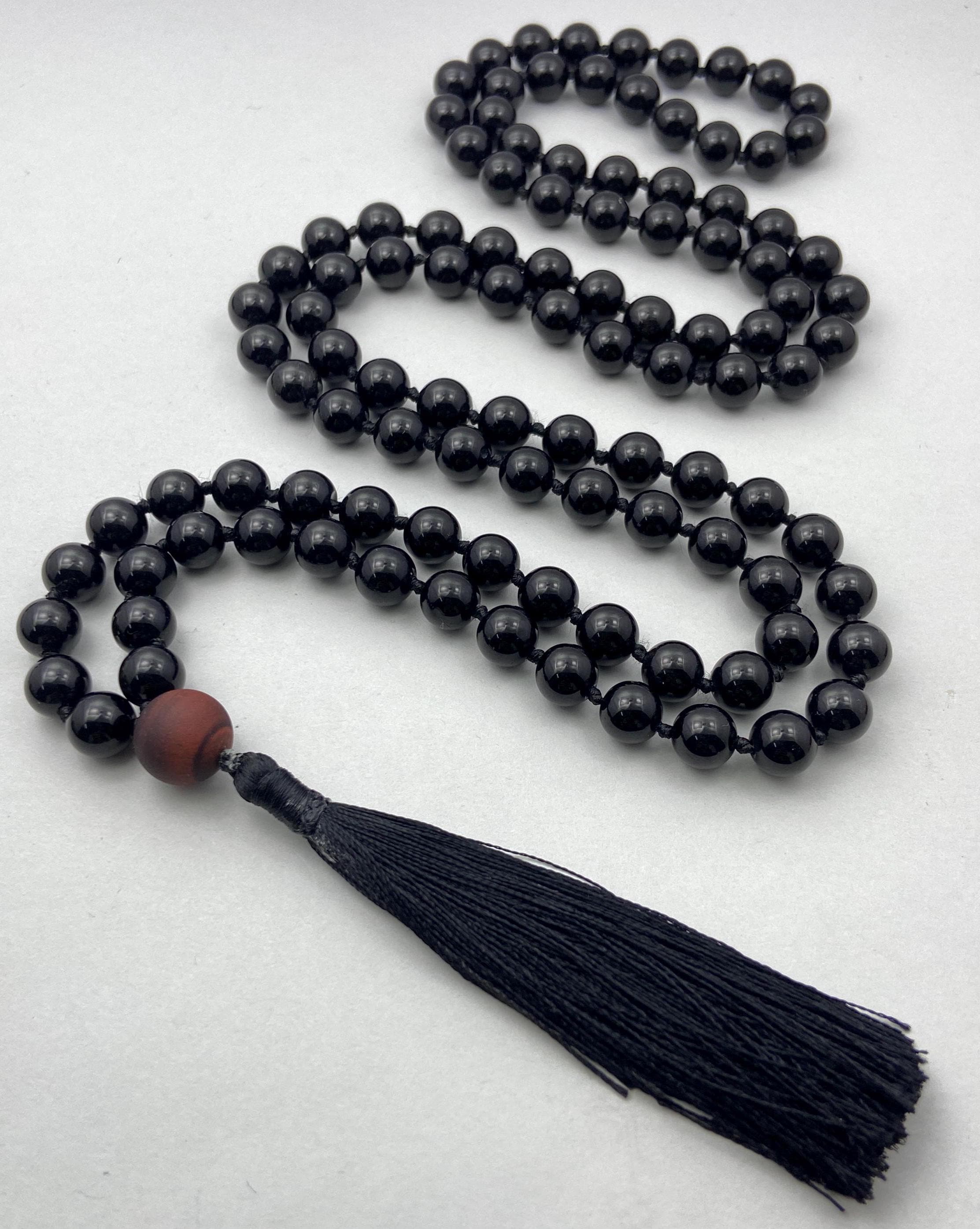 Black Obsidian Mala Bead Necklace: Energy Protection Tassel Necklace