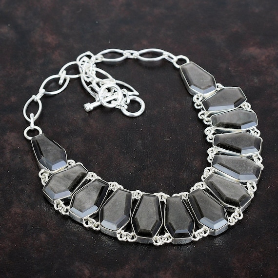 Handmade Coffin Silver Sheen Obsidian Necklace: 925 Sterling Silver, Adjustable