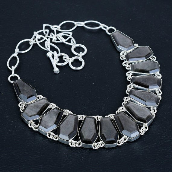 Handmade Coffin Silver Sheen Obsidian Necklace: 925 Sterling Silver