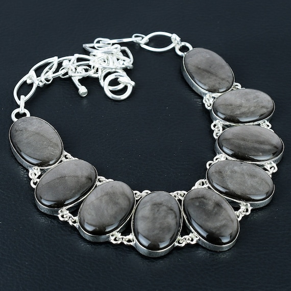 Handmade Silver Sheen Obsidian Necklace: 925 Sterling Silver, Adjustable Chain