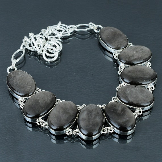 Handmade Silver Sheen Obsidian Necklace: 925 Sterling Silver, Adjustable