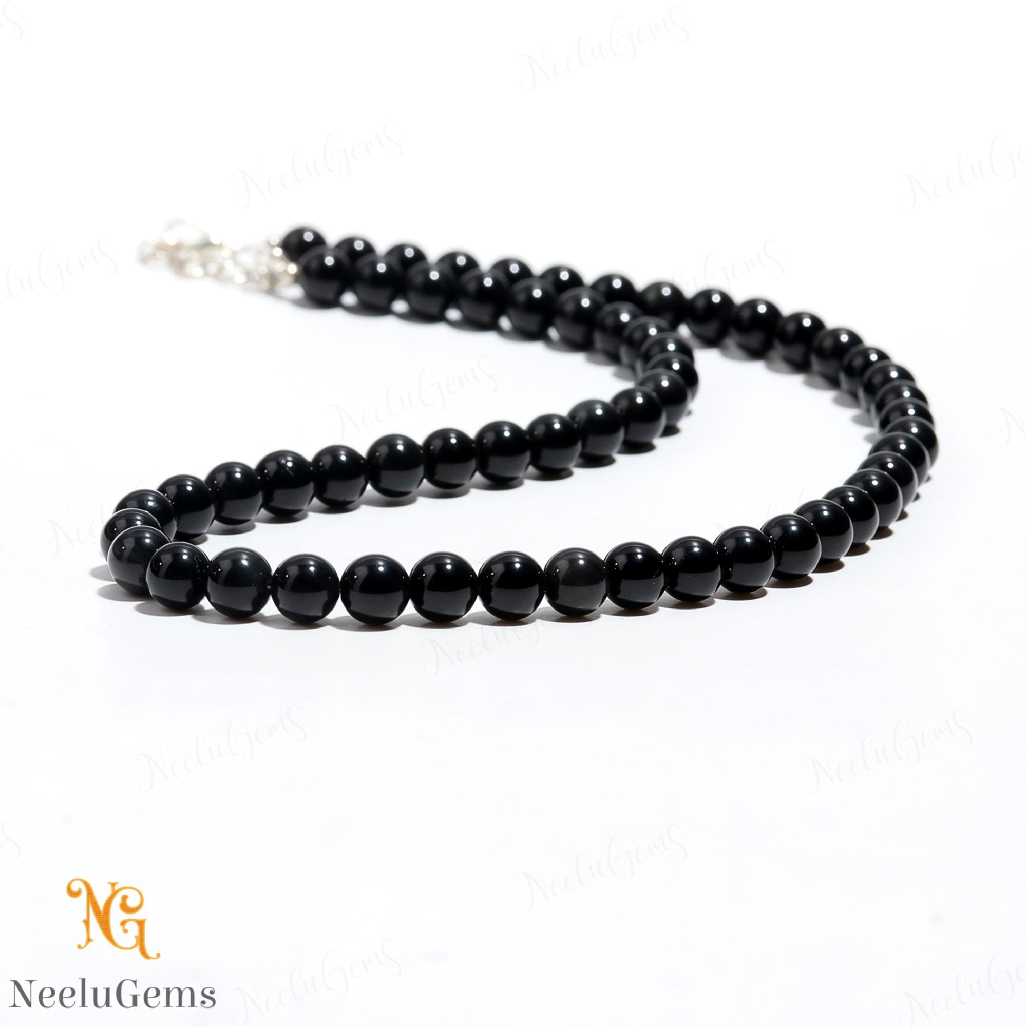 Natural Black Obsidian Necklace, 8mm Smooth Round Bead Jewelry, 18" Protection Stone Choker, Handmade Minimalist Gift For Men & Women