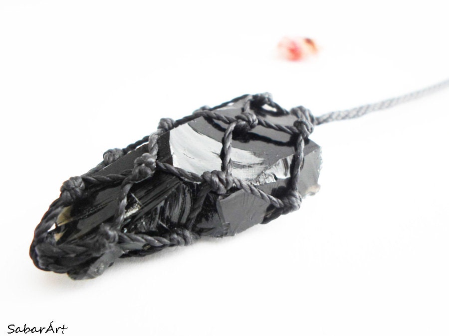 Raw Black Obsidian Necklace: Macrame Protection Jewelry
