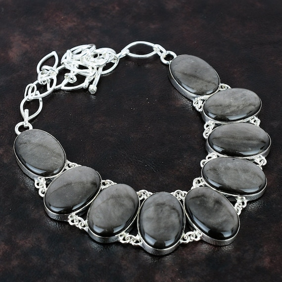 Silver Sheen Obsidian Necklace: 925 Sterling Silver, Adjustable Chain