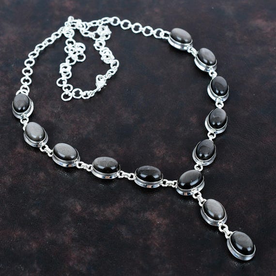 Silver Sheen Obsidian Necklace: Handmade 925 Sterling Silver, Adjustable Chain