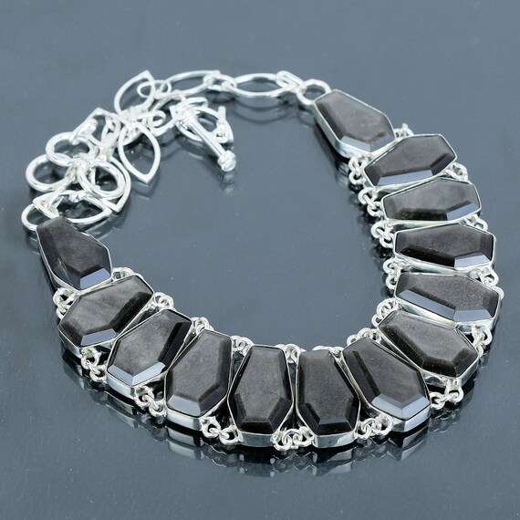 Silver Sheen Obsidian Necklace: Handmade 925 Sterling Silver, Adjustable Chain
