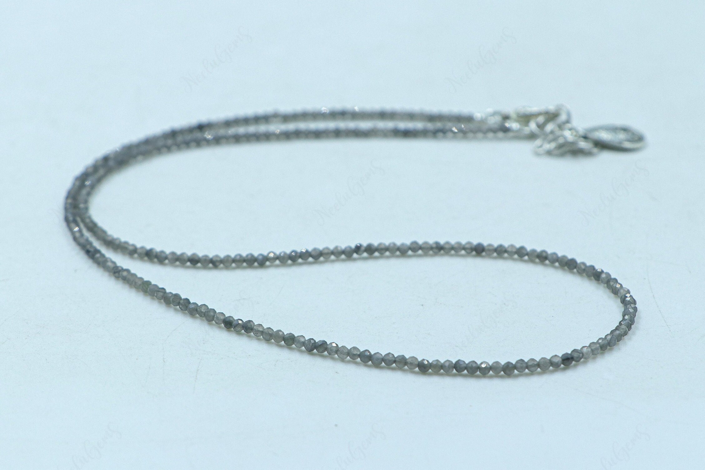 Silver Sheen Obsidian Necklace, Micro Faceted Gray Gemstone Choker, Dainty Protection Stone Jewelry, Handmade Minimalist Gift For Her