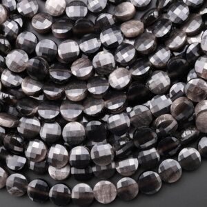AAA Faceted Natural Silver Obsidian 6mm 8mm Coin Beads 15.5" Strand