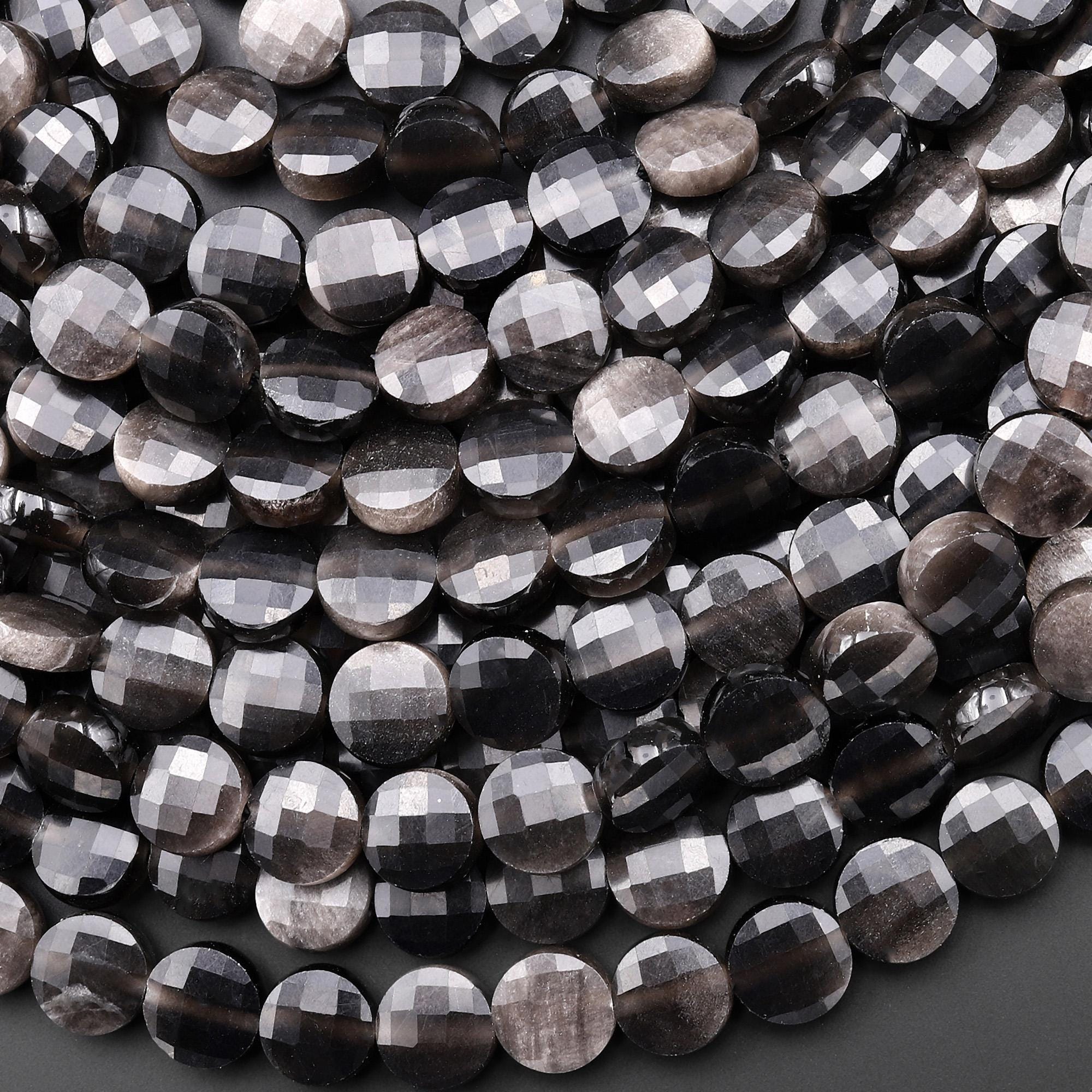 Aaa Faceted Natural Silver Obsidian 6mm 8mm Coin Beads 15.5" Strand