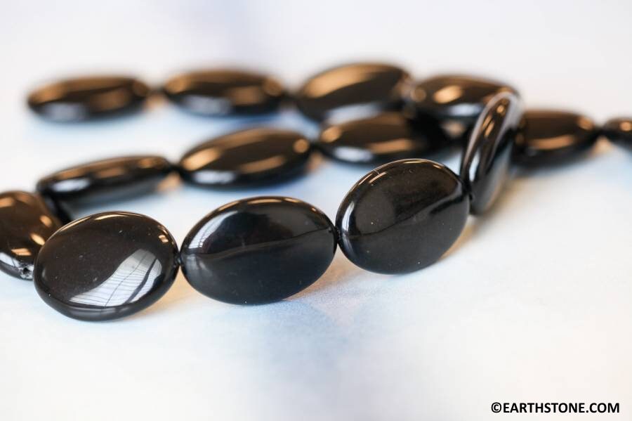 Black Obsidian 18x25mm Flat Oval Beads 16" Strand
