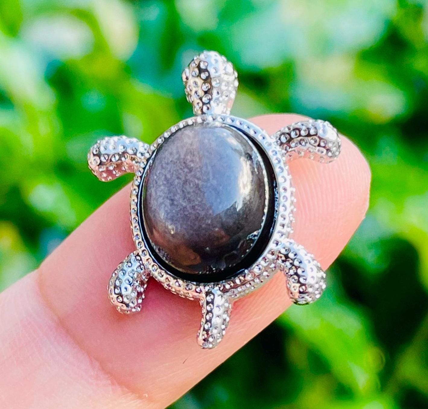 Silver Sheen Obsidian Turtle Pendant: Hand Carved Gemstone (15-20mm)