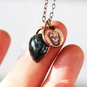 Spiderweb Obsidian Necklace - Charm Necklace - Skull Pendant - Electroformed Jewelry