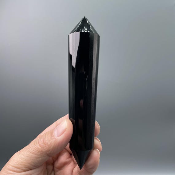 6"top Quality High Polish Black Obsidian Point Hand Carved 24 Sided Double Terminated Vogel Style, Wand Reiki Healing