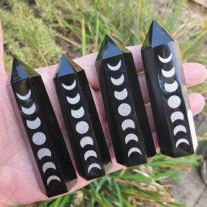 Black Obsidian Crystals, Black Obsidian Points Engraved with Moon Cycles, Obsidian Polished Points, Obsidian for Grounding