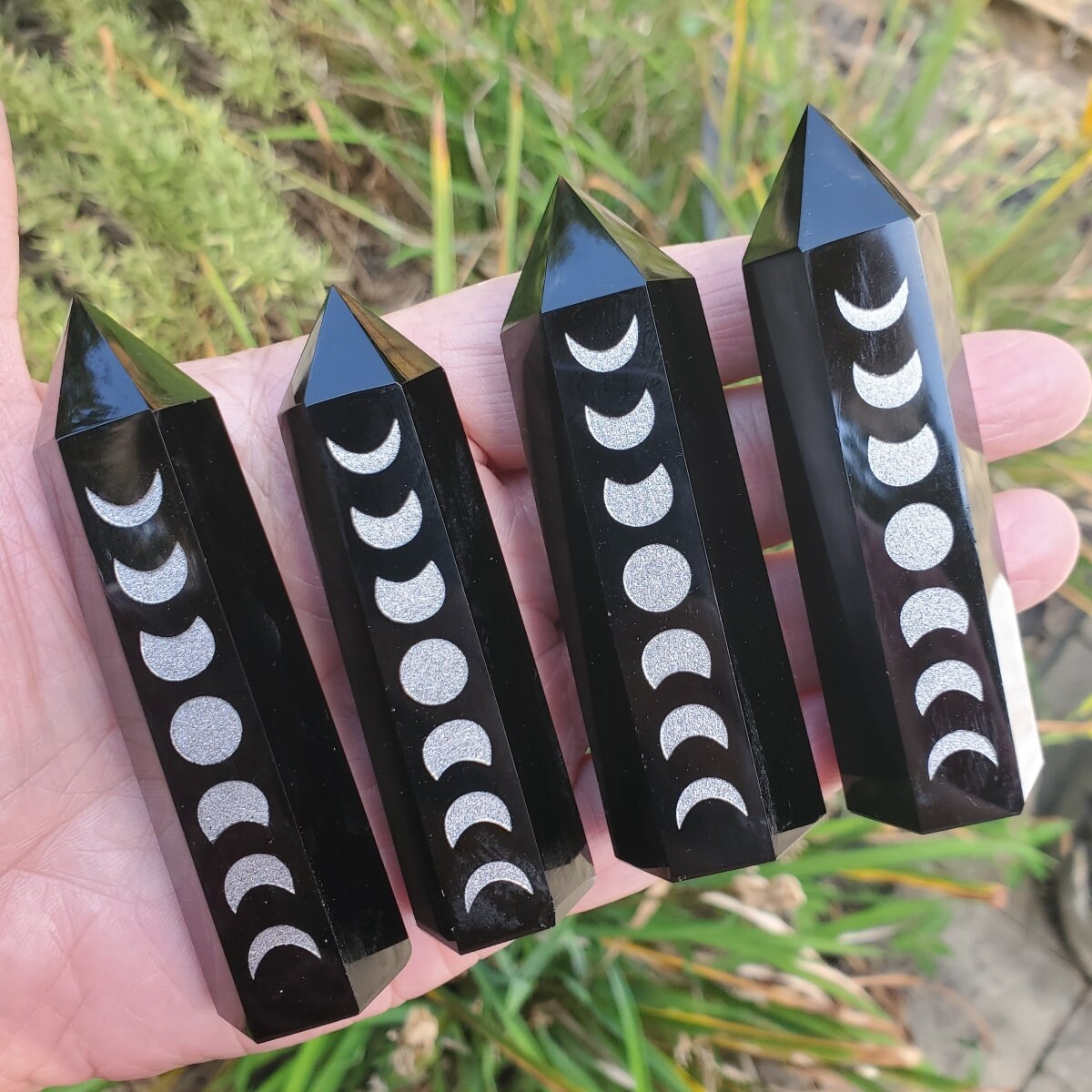 Black Obsidian Crystals, Black Obsidian Points Engraved With Moon Cycles, Obsidian Polished Points, Obsidian For Grounding