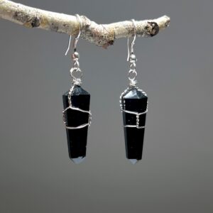 Black Obsidian Dangle Earrings: Wire Wrapped Crystal Points