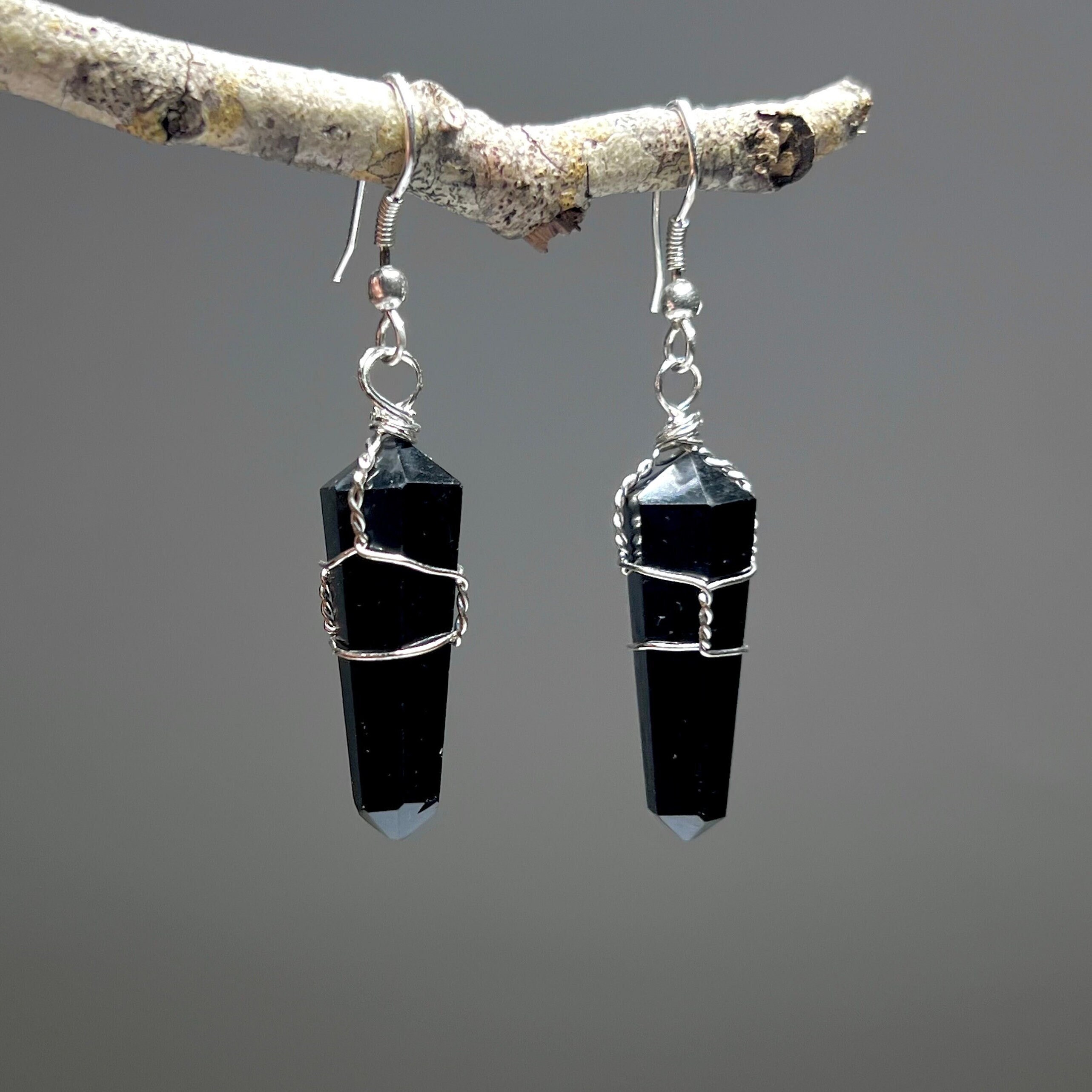 Black Obsidian Dangle Earrings: Wire Wrapped Crystal Points