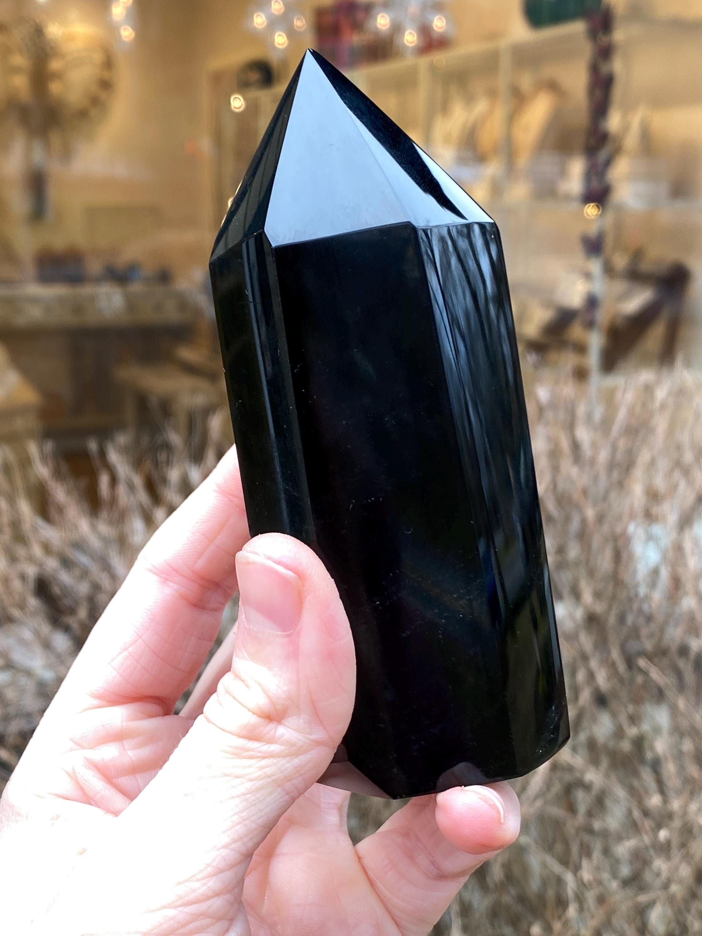 Black Obsidian Tower, Large Solid Black Obsidian Tower, Natural Volcanic Black Obsidian