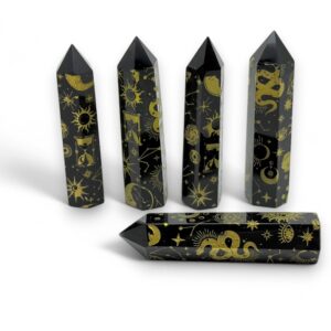 Natural Gold Printed Moon Sun Obsidian Point Crystal – Obelisk Tower Point Crystals – Meditation Gemstone - Gifts - TW1107