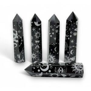 Natural Silver Printed Moon Sun Obsidian Point Crystal – Obelisk Tower Point Crystals – Meditation Gemstone - Gifts - TW1108