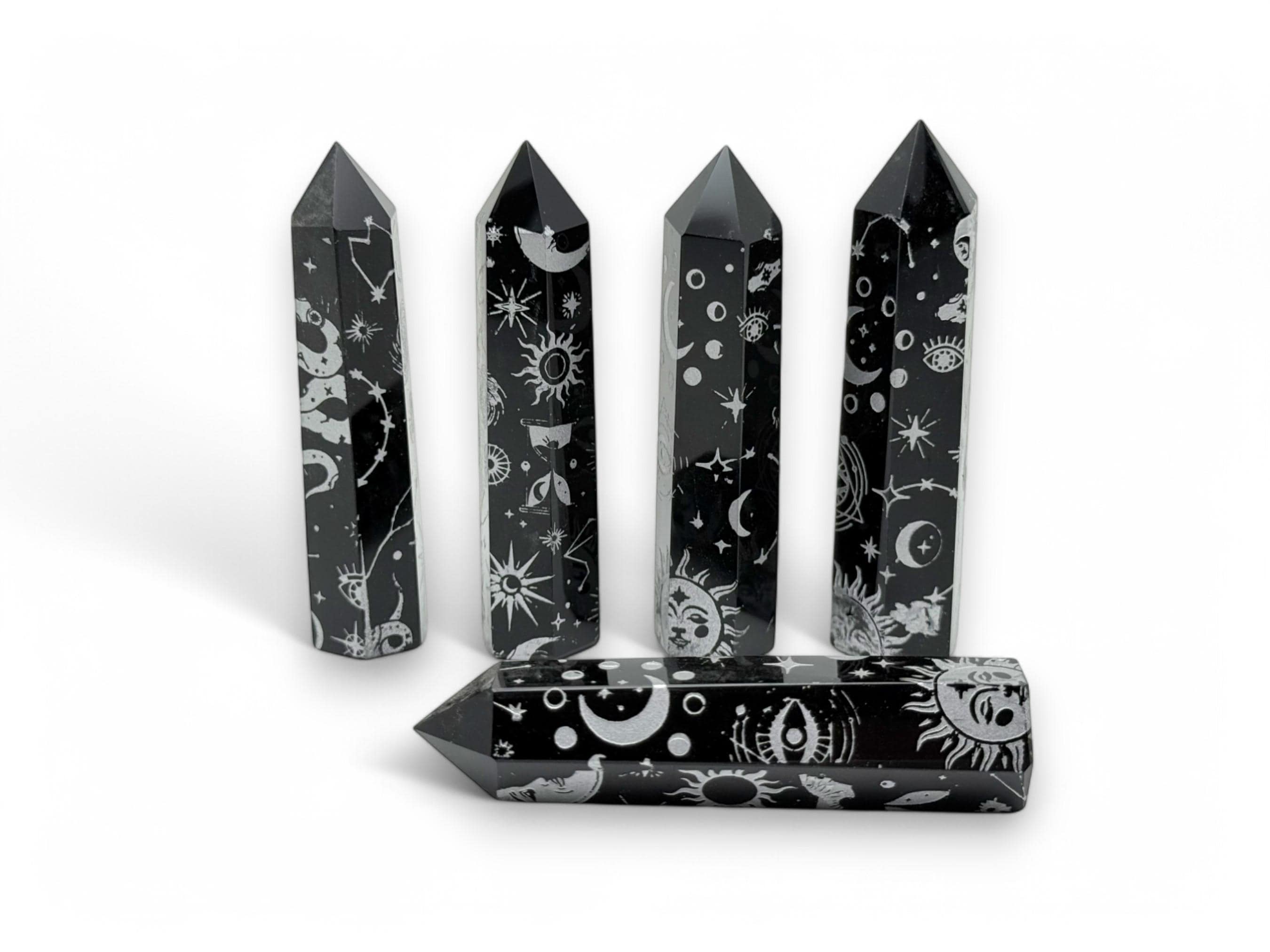Natural Silver Printed Moon Sun Obsidian Point Crystal – Obelisk Tower Point Crystals – Meditation Gemstone - Gifts - Tw1108