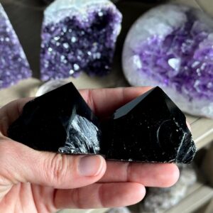 One Black Obsidian Point, Half Polished Crystal Point
