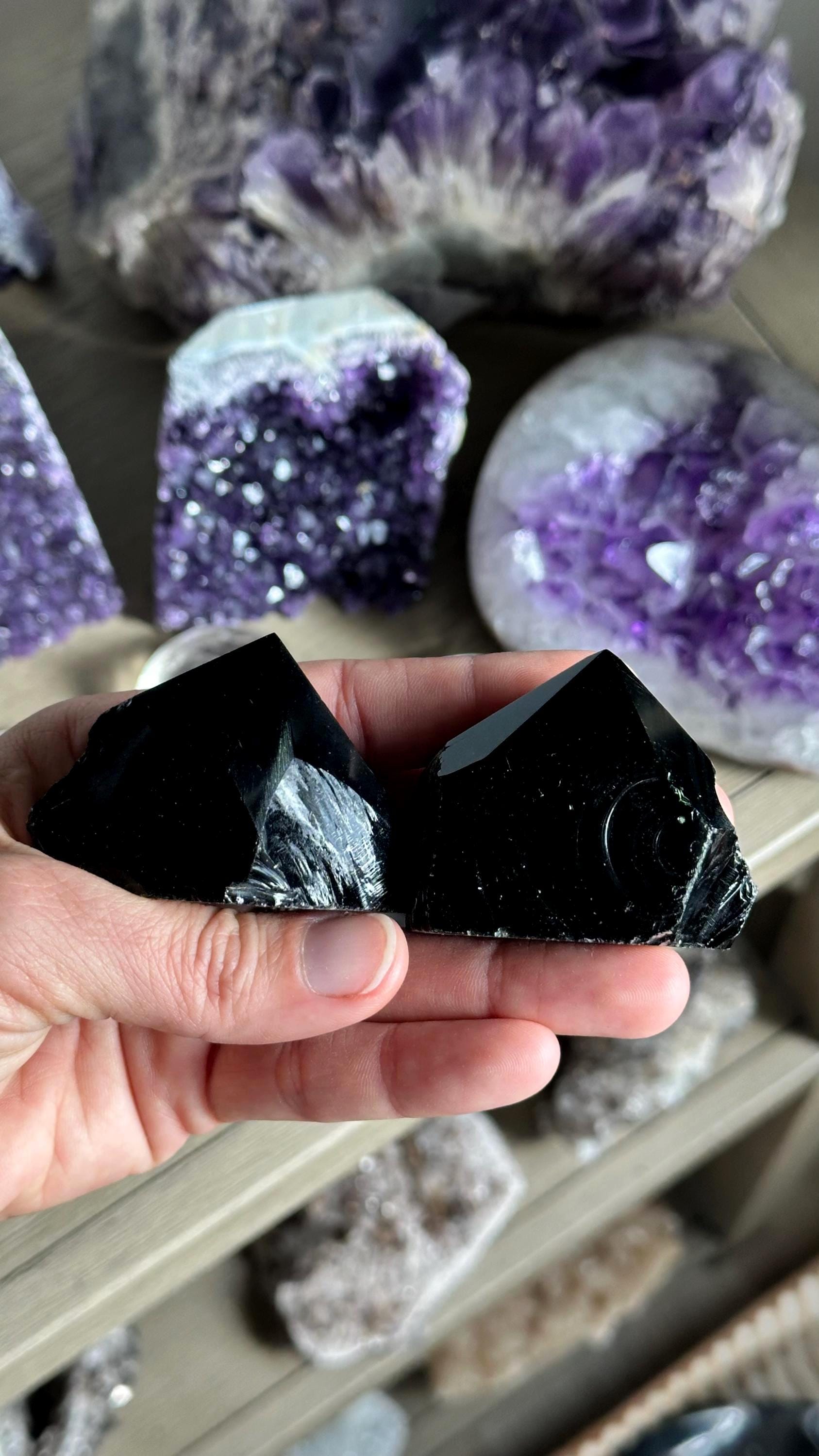 One Black Obsidian Point, Half Polished Crystal Point