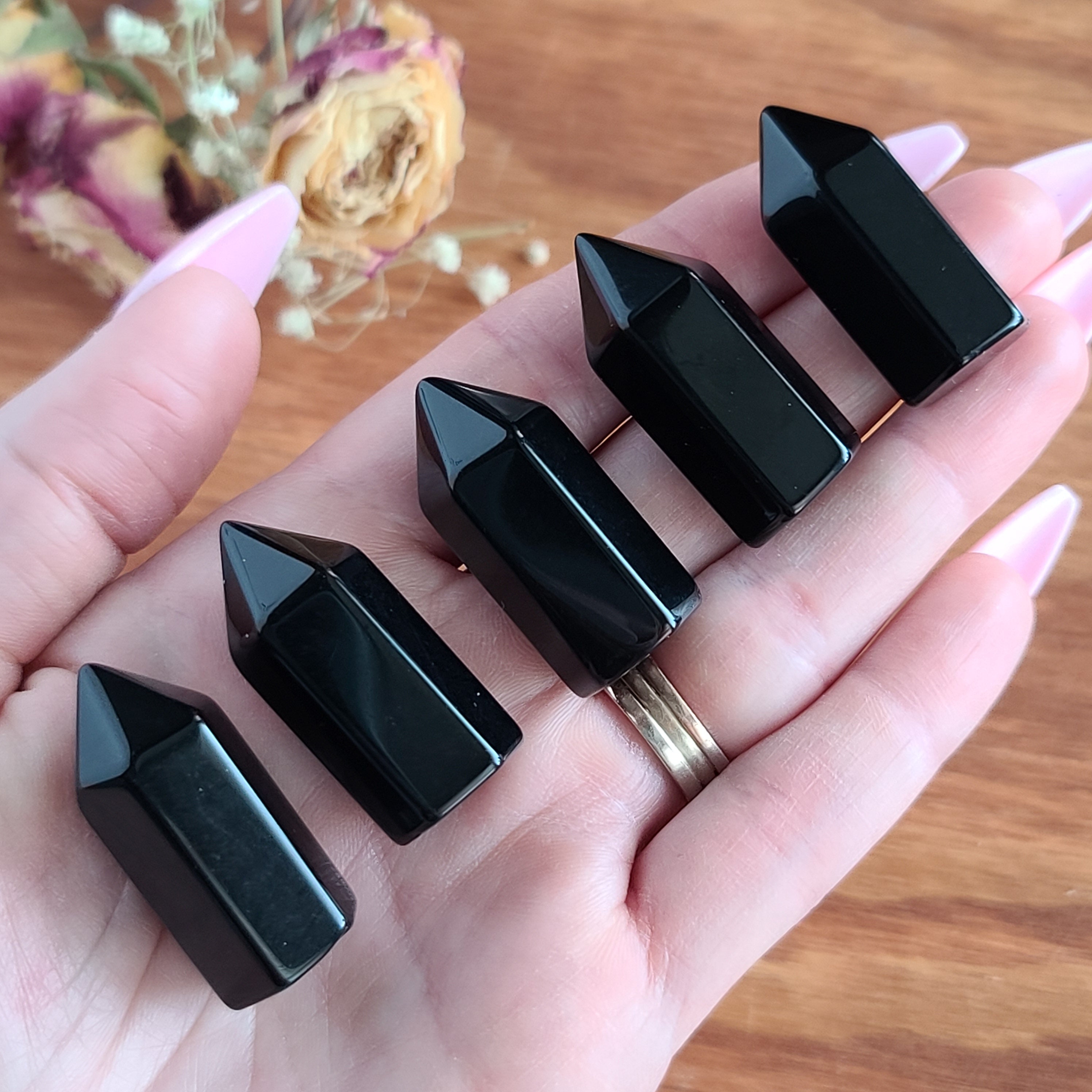 Small Black Obsidian Crystal Towers 1.3", Bulk Lots Of Mini Gemstone Points For Jewelry Making, Wire Wrapping, Or Crystal Grids