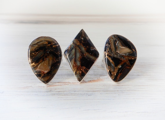 Obsidian & Abalone Rings Sterling Silver • Adjustable Abalone Rings • Genuine Obsidian Ring Sterling Silver • Holiday Gift For Crystal Lover