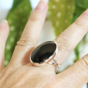 Adjustable Sterling Silver Obsidian Ring, Oval Unisex Design